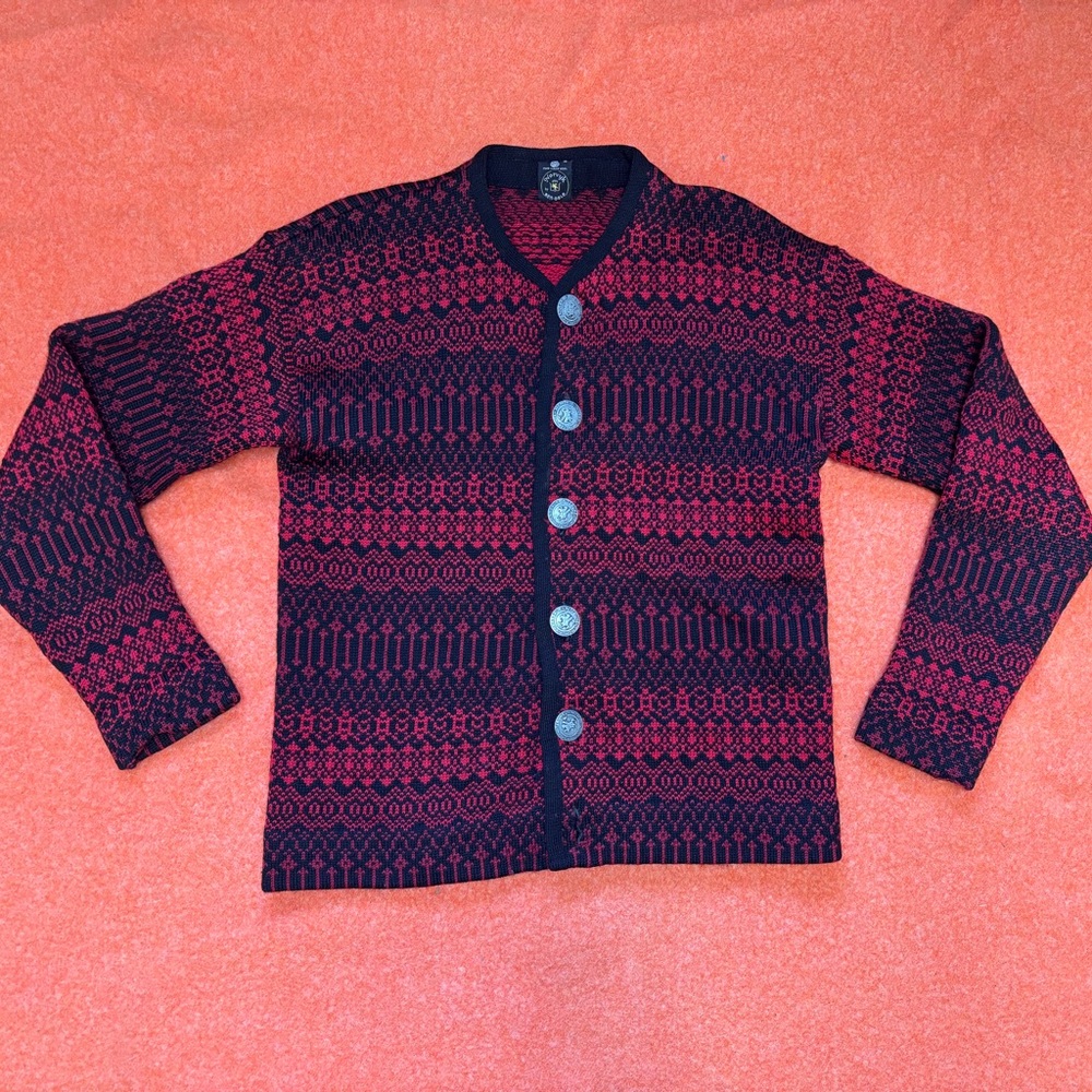 Norvyk by Ren-Dale Red & Black Fair Isle Knit Cardigan Pure Virgin Wool